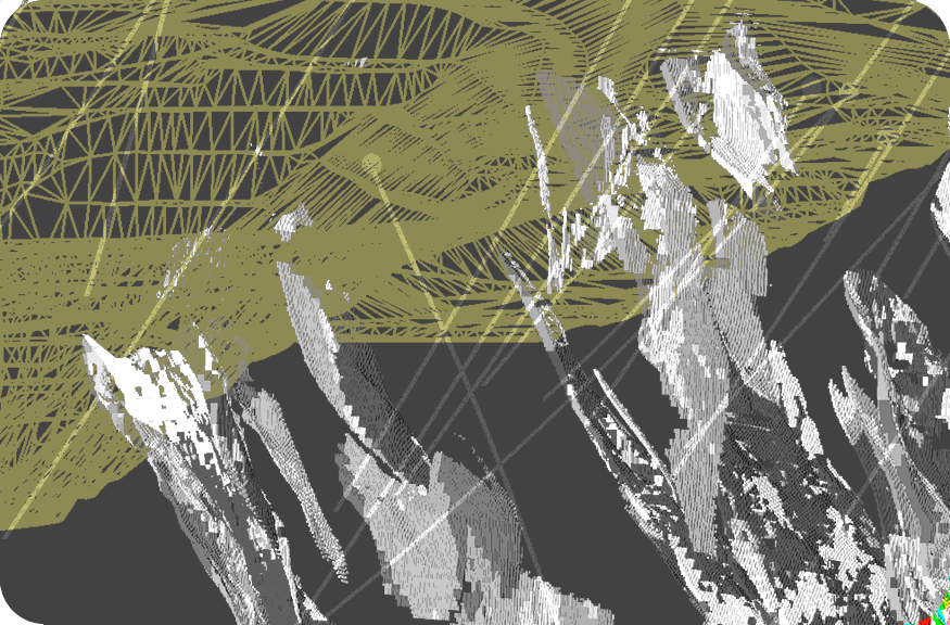 Illustration of block model, containing a wireframe of a open pit mine, drill holes and grade blocks.