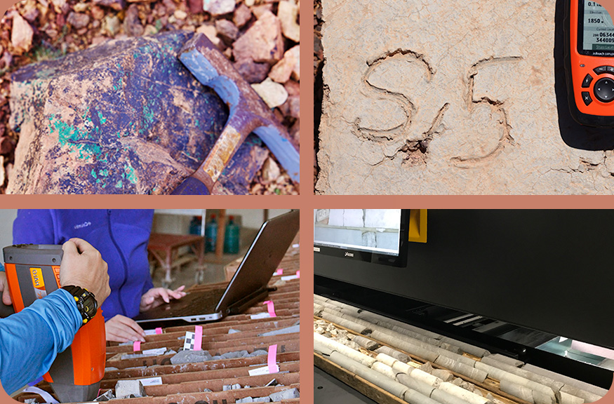 Four images illustrating sources of lithological data that can be assessed by the Data QA/QC dashboard. First image is a geological pick sitting on top of a rock. The second image is a GPS sitting on top of a drill hole cap. The third image is two people logging infrared information generated by a Halo device. The fourth image is whole drill core tray scanner.
